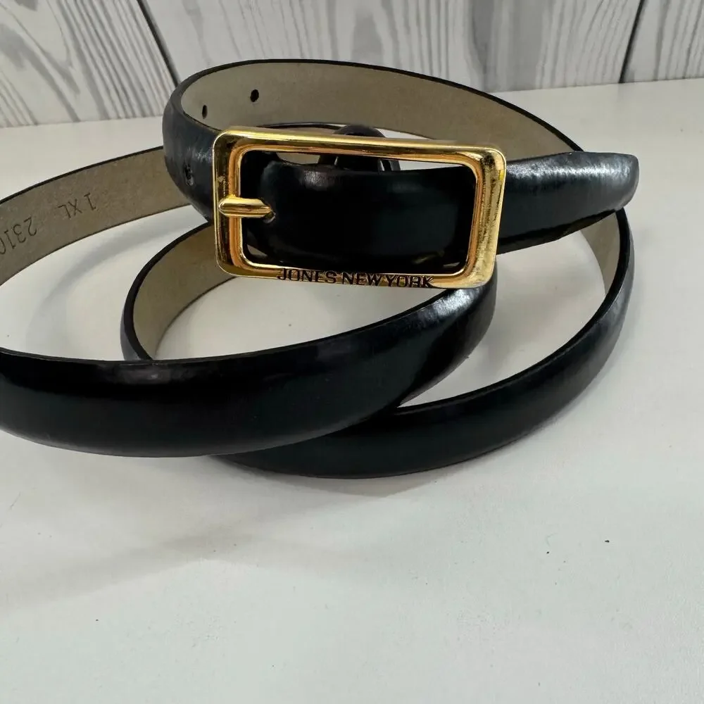 Vintage 1980s Black Brass Buckle Jones New York Belt 1X Fits 32-35 Taiwan